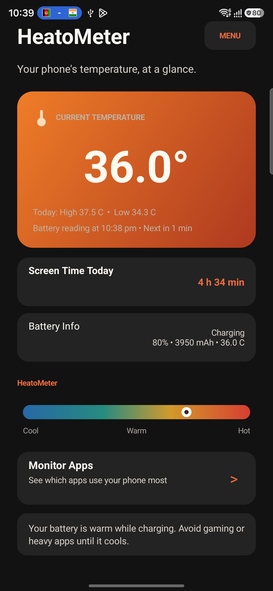 HeatoMeter dashboard showing battery temperature and screen-time information
