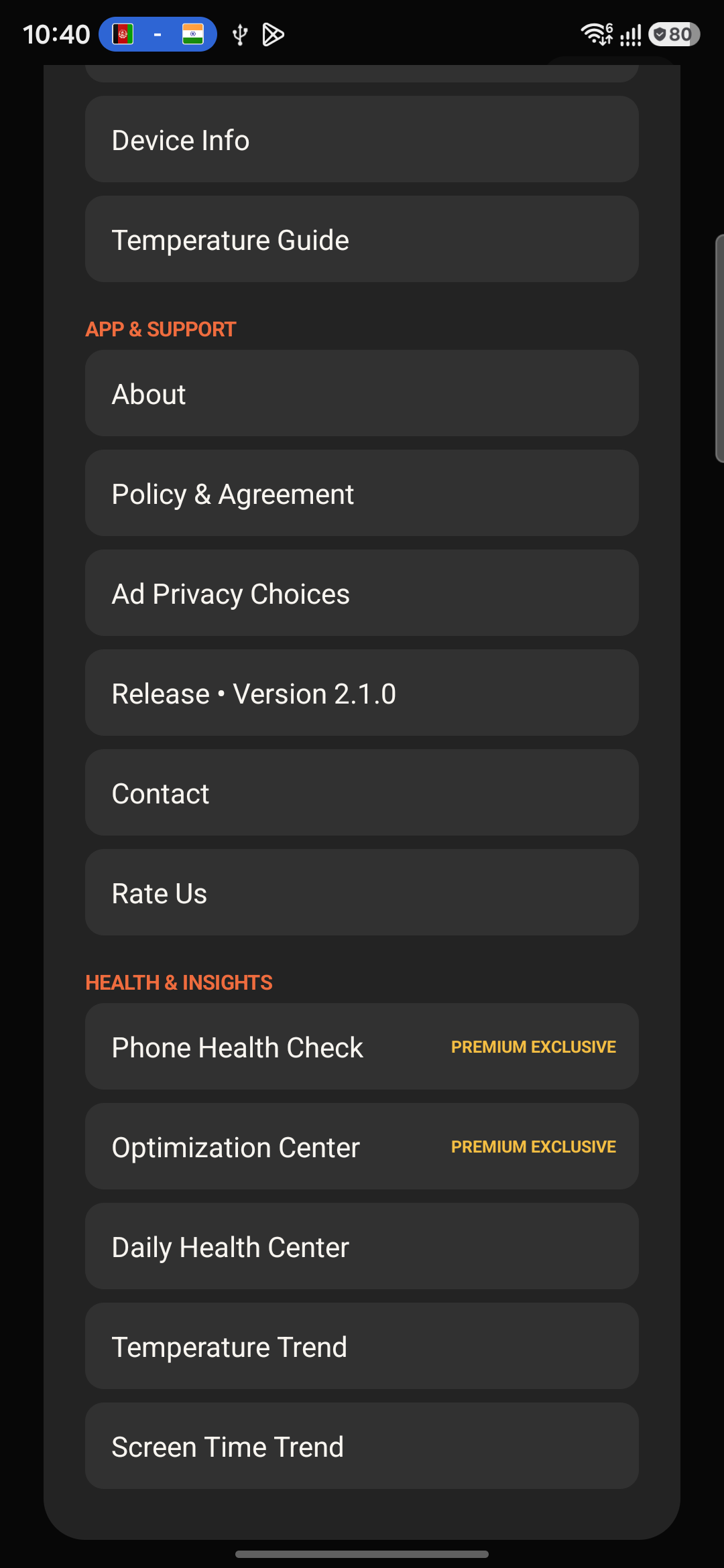 Health and Insights menu